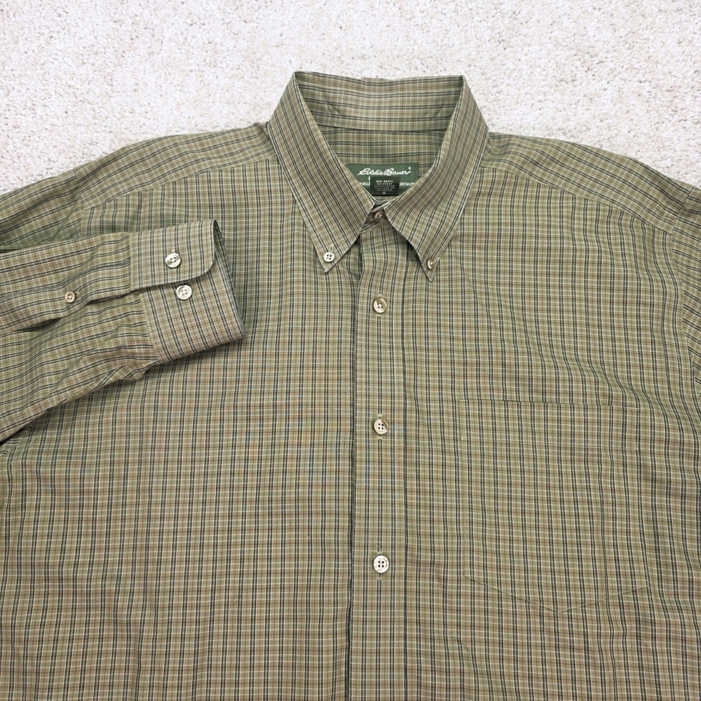 Eddie Bauer Mens Large Green Plaid Relaxed Fit Cotton Button Down Shirt L